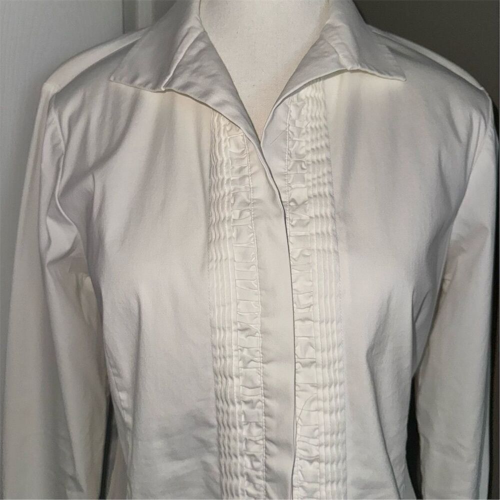 Vintage Lafayette 148 New York Tuxedo Pleated White Button-Up Blouse Size 8 - Picture 3 of 10